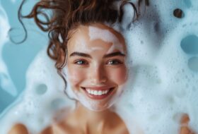 Smiling young woman lying in foamy water with soap bubbles and wet hair. Skincare and wellness bath concept. Design for banner, poster, postcard and print